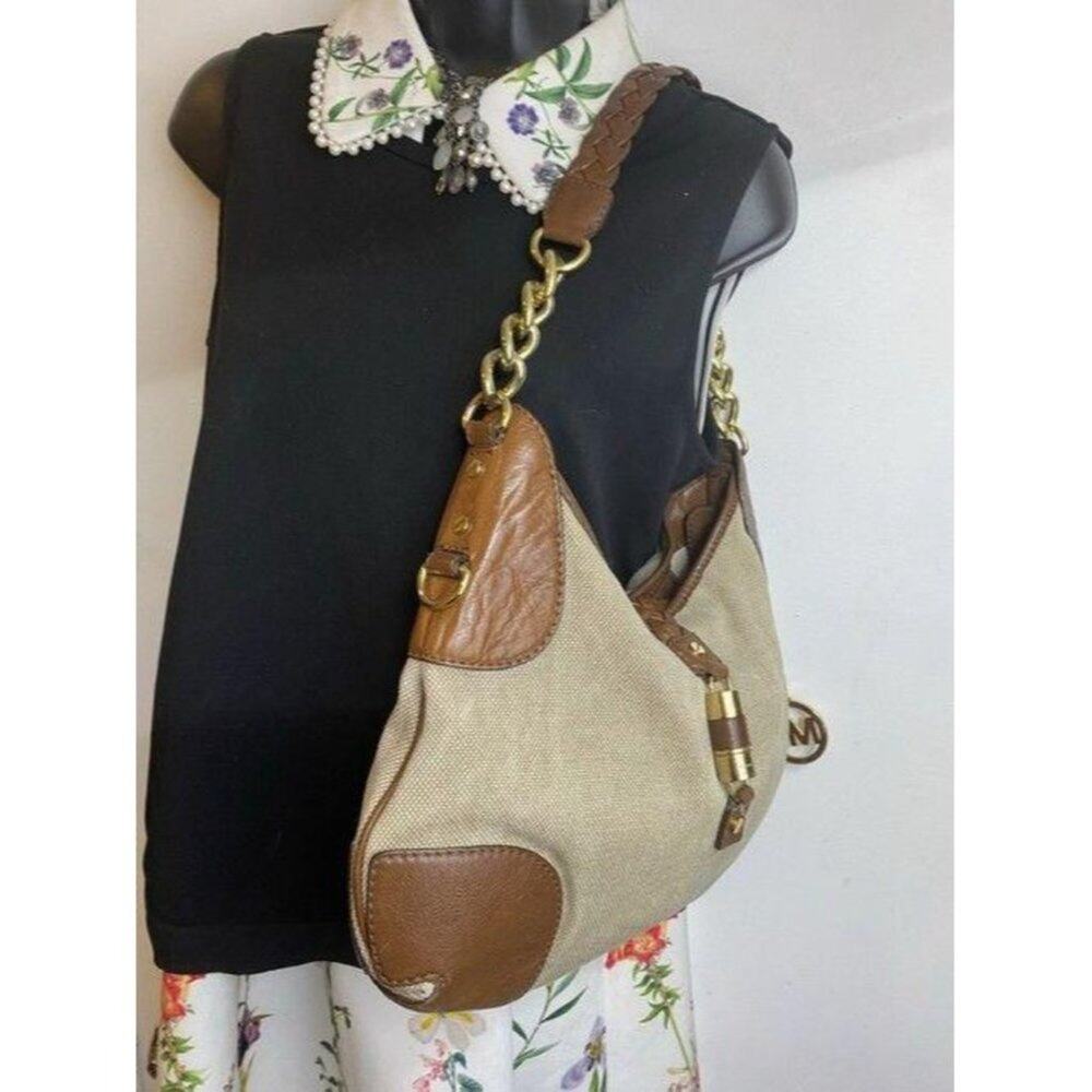 michael kors handbag tan brown fabric hobo bag - Picture 6 of 12